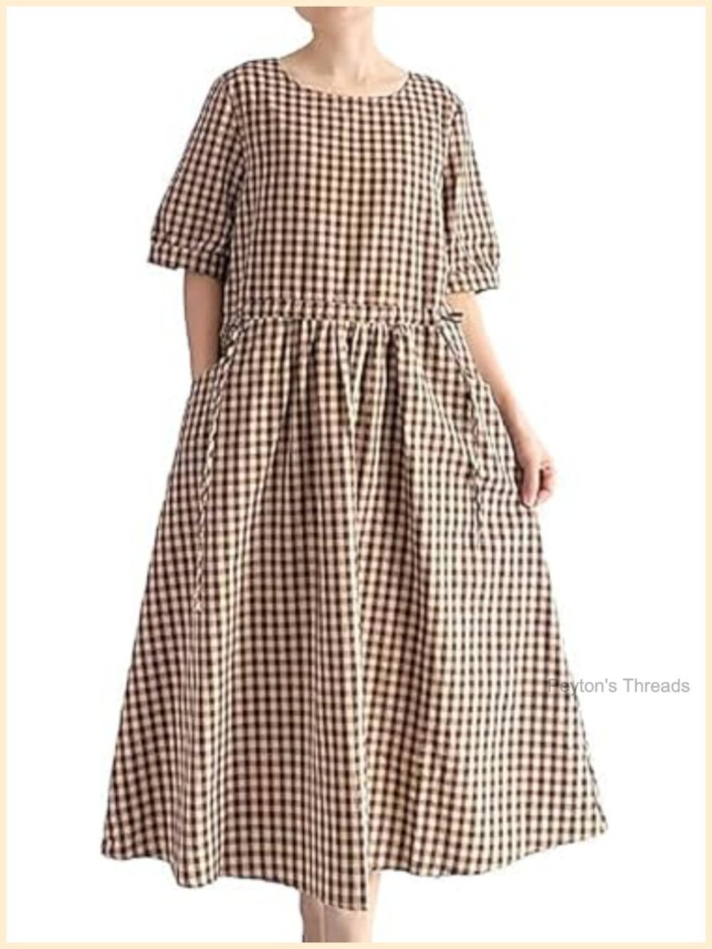 Cotton Linen Midi Dress Short Sleeve Crewneck Plaid A-Line Empire Waist with